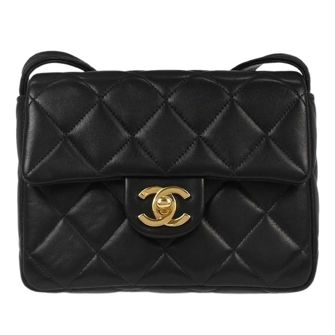 Small Chanel Lambskin Leather Black Shoulder Bag with Logo Accent: Small Chanel Lambskin Leather Black Shoulder Bag with Logo Accent This Chanel black lambskin shoulder bag features a sleek and classic design, ideal for casual occasions. Crafted from high-quality lea