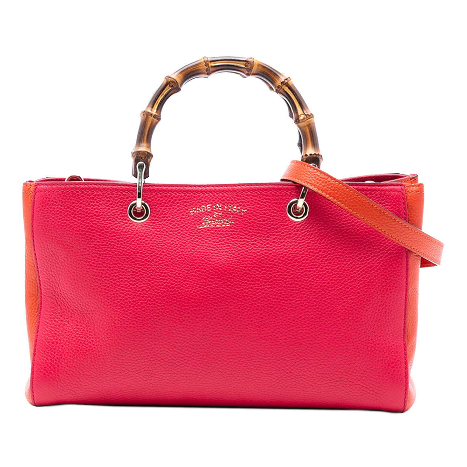 Bicolor Leather Satchel with Bamboo Handles by Gucci Medium Size: Bicolor Leather Satchel with Bamboo Handles by Gucci Medium Size This Gucci Medium Bicolor Calfskin Bamboo Shopper Satchel features a bicolor leather body with signature bamboo top handles and a detac