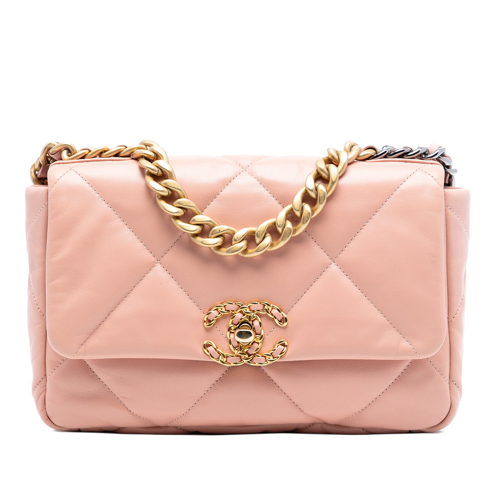 Pink Chanel 19 Quilted Lambskin Flap Shoulder Bag with Chain Handle: Pink Chanel 19 Quilted Lambskin Flap Shoulder Bag with Chain Handle This Chanel Medium 19 Flap bag showcases a pink quilted lambskin leather body and features a chain handle with a woven leather chain