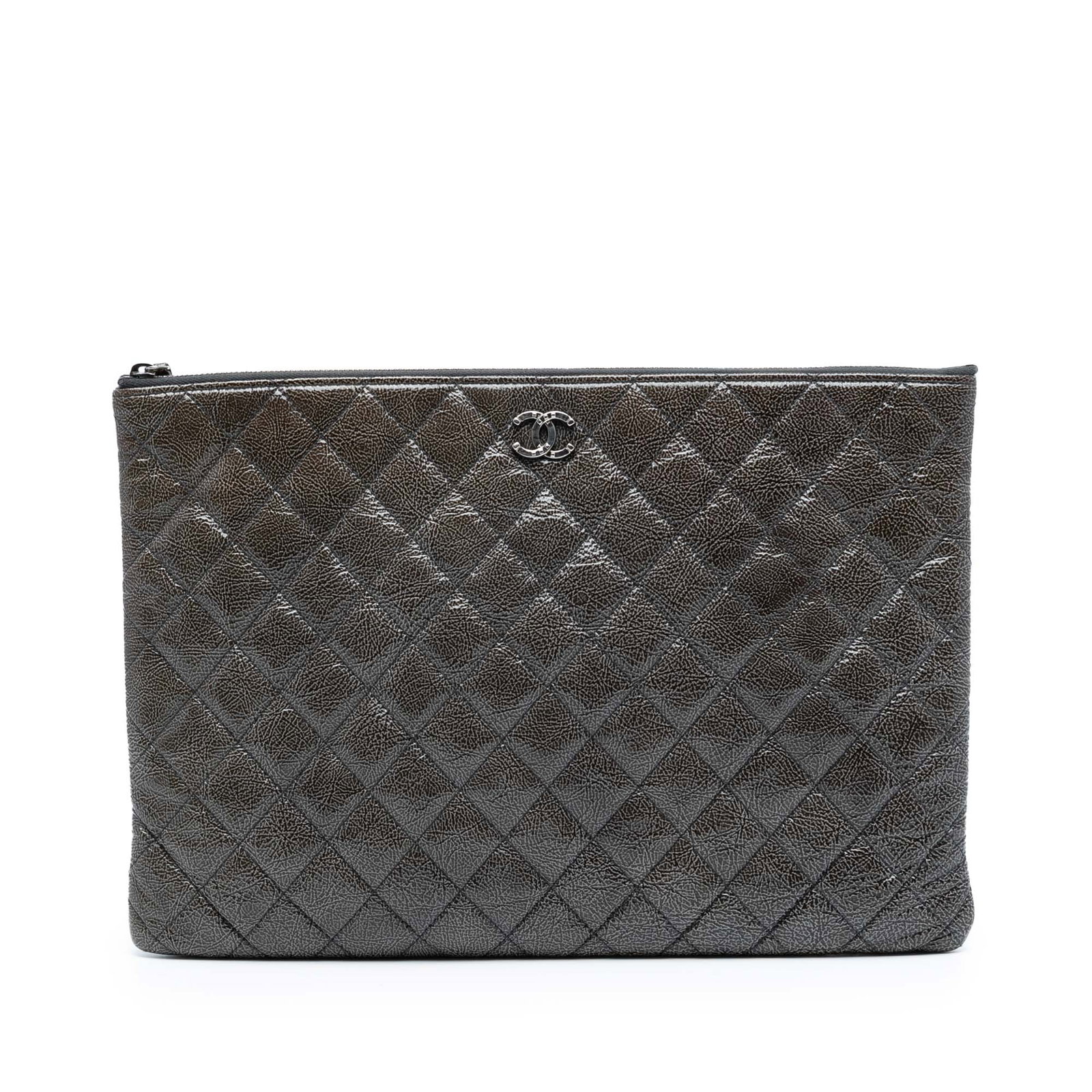 Chanel Gray Large Crinkled Patent Leather O Case Quilted Clutch Bag (1 of 8)