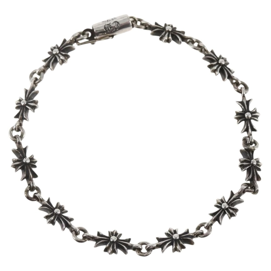 Chrome Hearts Silver Tiny CH Bracelet with Dust Bag 7.1in Japan: Chrome Hearts Silver Tiny CH Bracelet with Dust Bag 7.1in Japan This Chrome Hearts Tiny CH bracelet is crafted from Ag925 silver and features a sleek silver finish. Made in Japan, it comes with a dust