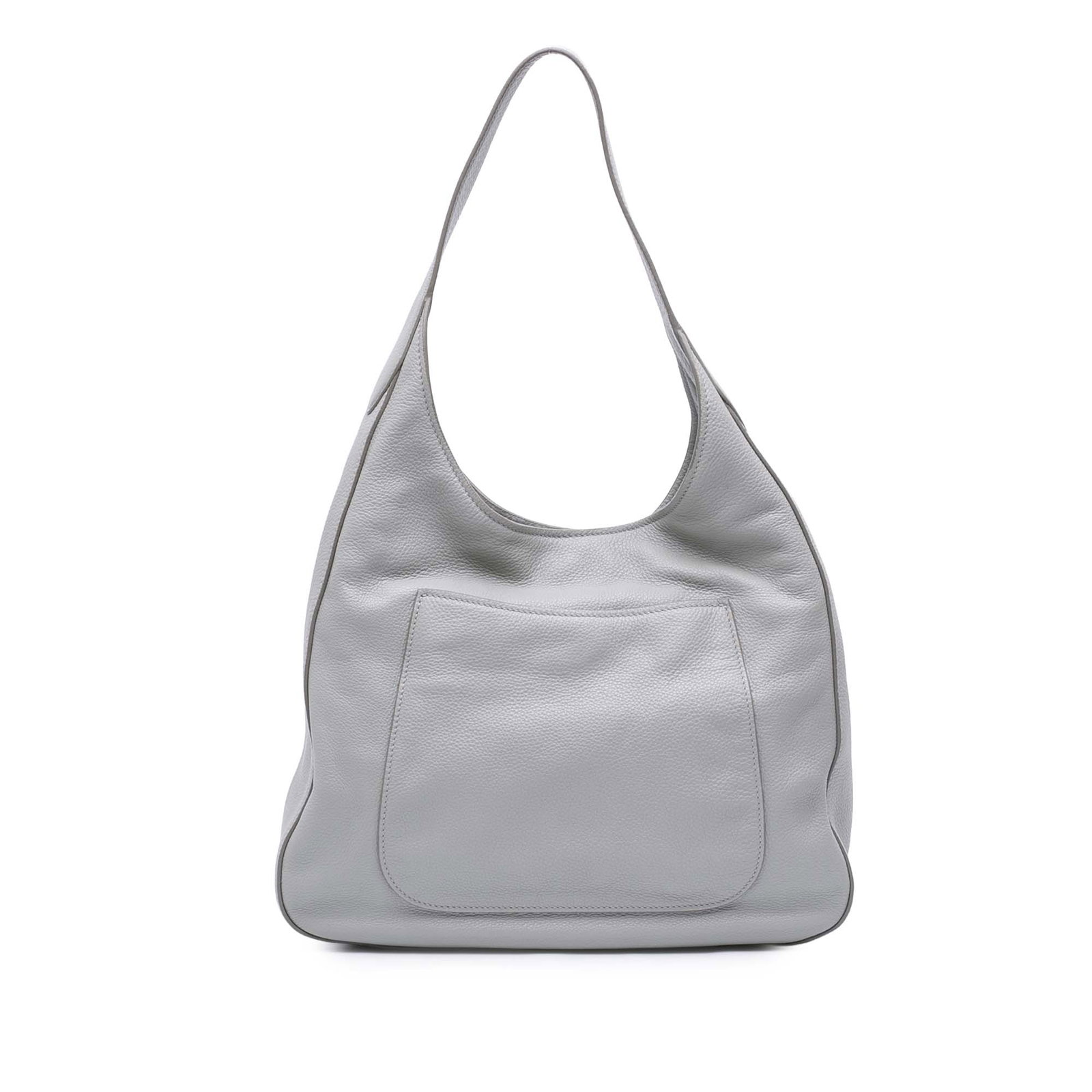 Gray Leather Prada Vitello Daino Shoulder Bag with Front Pocket: Gray Leather Prada Vitello Daino Shoulder Bag with Front Pocket This Prada Vitello Daino shoulder bag is crafted from gray leather and features a flat leather strap, an open top, an exterior slip pock