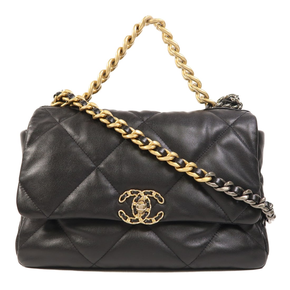CHANEL Black Lambskin Leather C19 Convertible Shoulder Bag: CHANEL Black Lambskin Leather C19 Convertible Shoulder Bag This CHANEL CC C19 2-way shoulder bag features luxurious black lambskin leather and offers versatile carrying options. The bag is crafted in