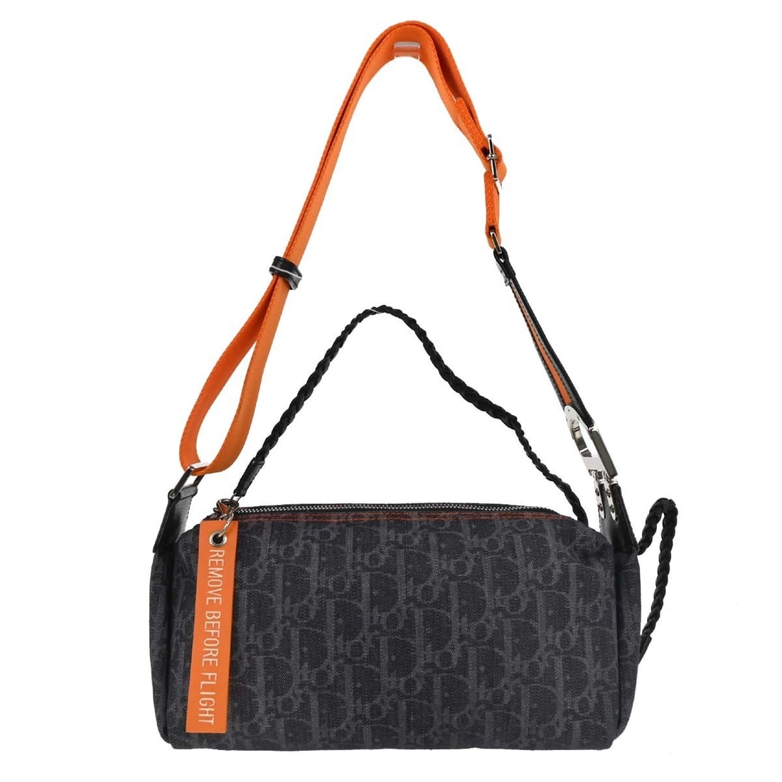Christian Dior Flight Navy Orange Shoulder Bag MC1015: Christian Dior Flight Navy Orange Shoulder Bag MC1015 This stylish Christian Dior Flight Shoulder Bag features a sleek navy canvas exterior with vibrant orange accents. Designed for functionality, it