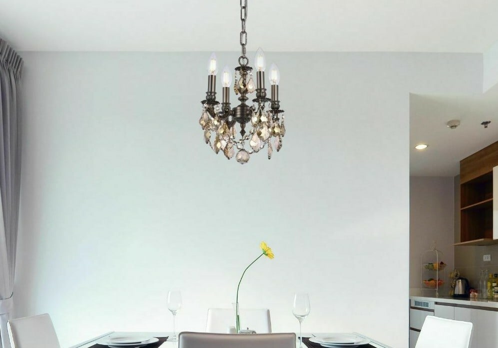 Lillie 4-Light 10in Pendant Chandelier with Golden Teak Crystals and Pewter Finish: Lillie 4-Light 10in Pendant Chandelier with Golden Teak Crystals and Pewter Finish This modern empire-style chandelier pendant features a pewter color frame accented with high-quality Royal Cut golden