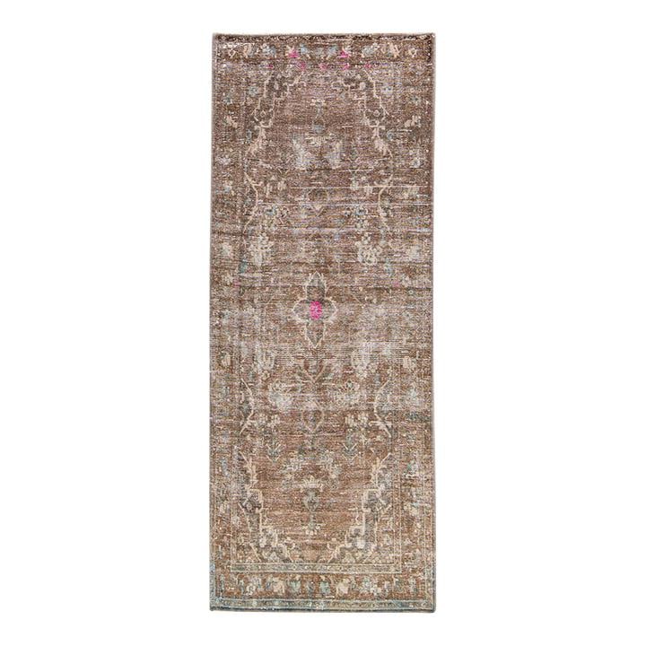 1960s Vintage Handmade Wool Medallion Rug 3'5" x 8'9": 1960s Vintage Handmade Wool Medallion Rug 3'5" x 8'9" This stunning vintage medallion rug showcases exquisite hand-knotted craftsmanship in rich brown wool, highlighted with elegant tan accents throug