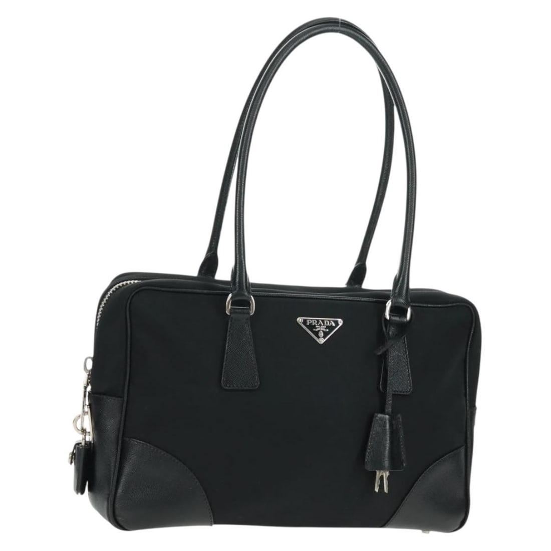 Prada Black Nylon and Leather Women's Shoulder Bag with Silver Hardware: Prada Black Nylon and Leather Women's Shoulder Bag with Silver Hardware This PRADA shoulder bag is crafted from black nylon with silver-tone accents and features leather detailing. Designed for women,