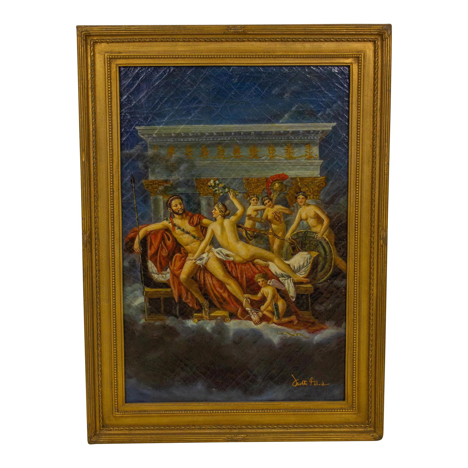 Artist Signed Italian Neoclassical Oil Painting Gold Frame 32 x 44: Artist Signed Italian Neoclassical Oil Painting Gold Frame 32 x 44 This exquisite Italian Neoclassical oil painting on canvas showcases vibrant colors and intricate details, embodying the elegance of