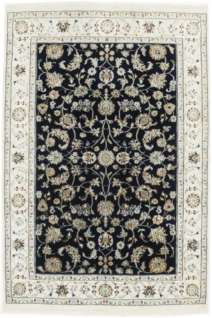 Handmade Navy Floral Indo-Nain Area Rug 4'1 x 6'0 Eco Friendly Wool Silk: Handmade Navy Floral Indo-Nain Area Rug 4'1 x 6'0 Eco Friendly Wool Silk Enhance your living space with this stunning handmade Indo-Nain area rug, featuring a beautiful navy floral design. Measuring 4