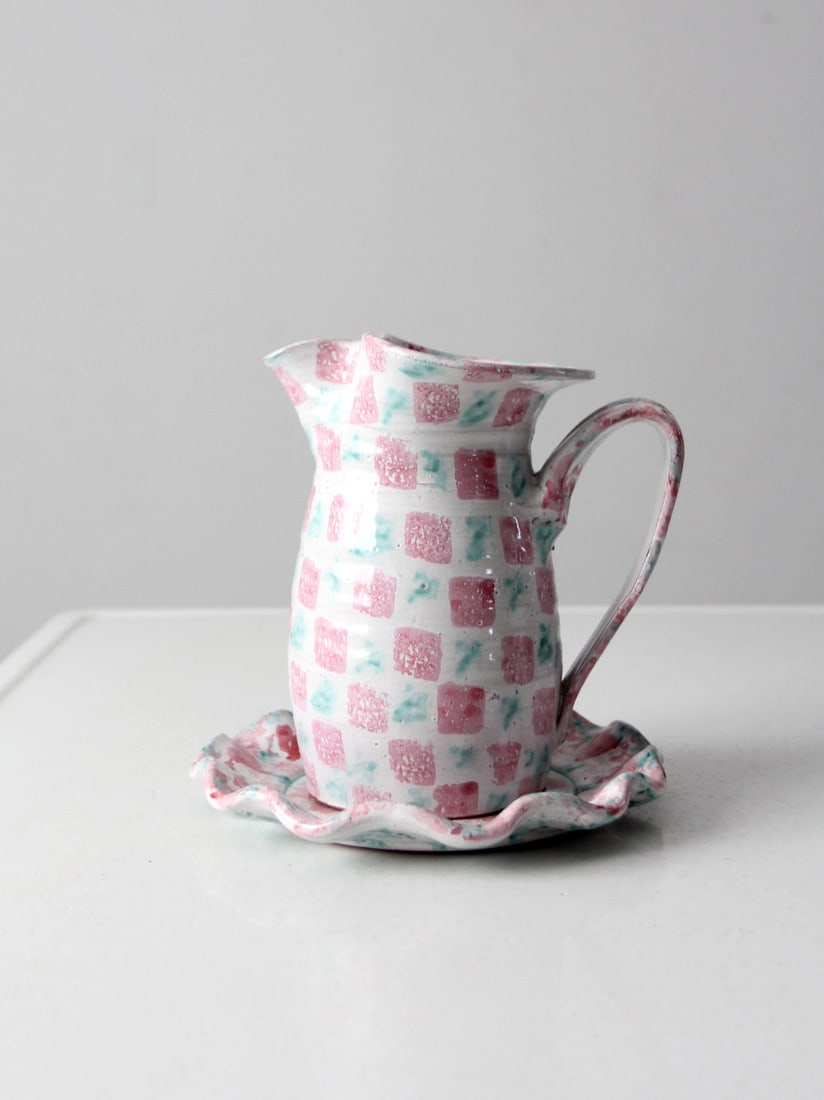 Vintage Studio Pottery Ewer and Plate Set with Heart Pattern (1 of 13)