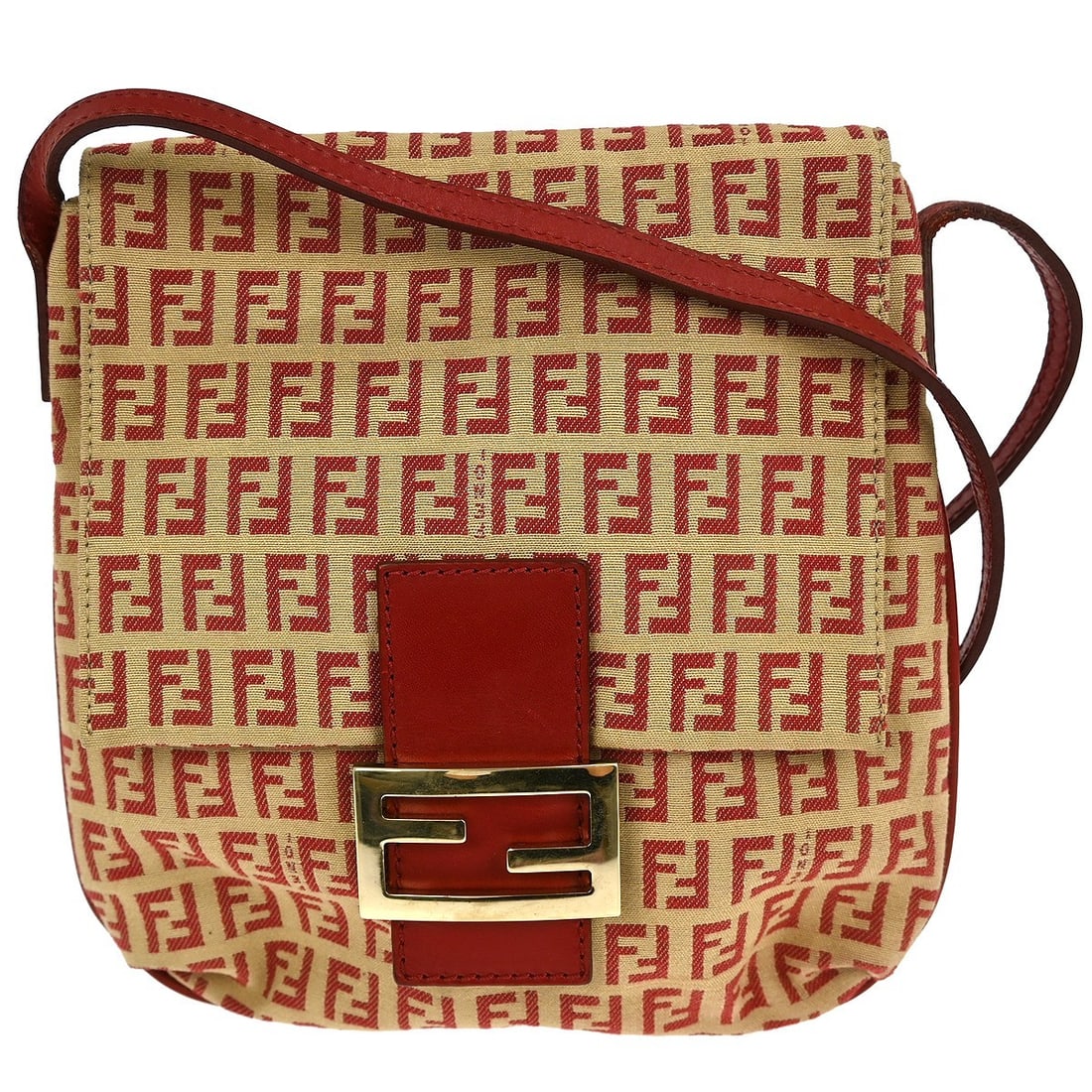 Fendi Zucchino Beige Canvas Shoulder Bag with Red Strap and Gold Hardware (1 of 8)