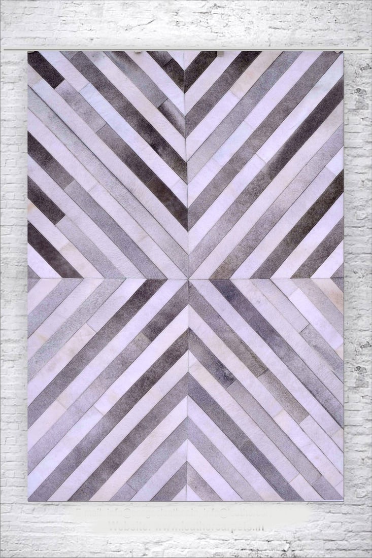 Geometric Radial Patchwork Cowhide Leather Rug Grey White 3FT x 5FT (1 of 1)