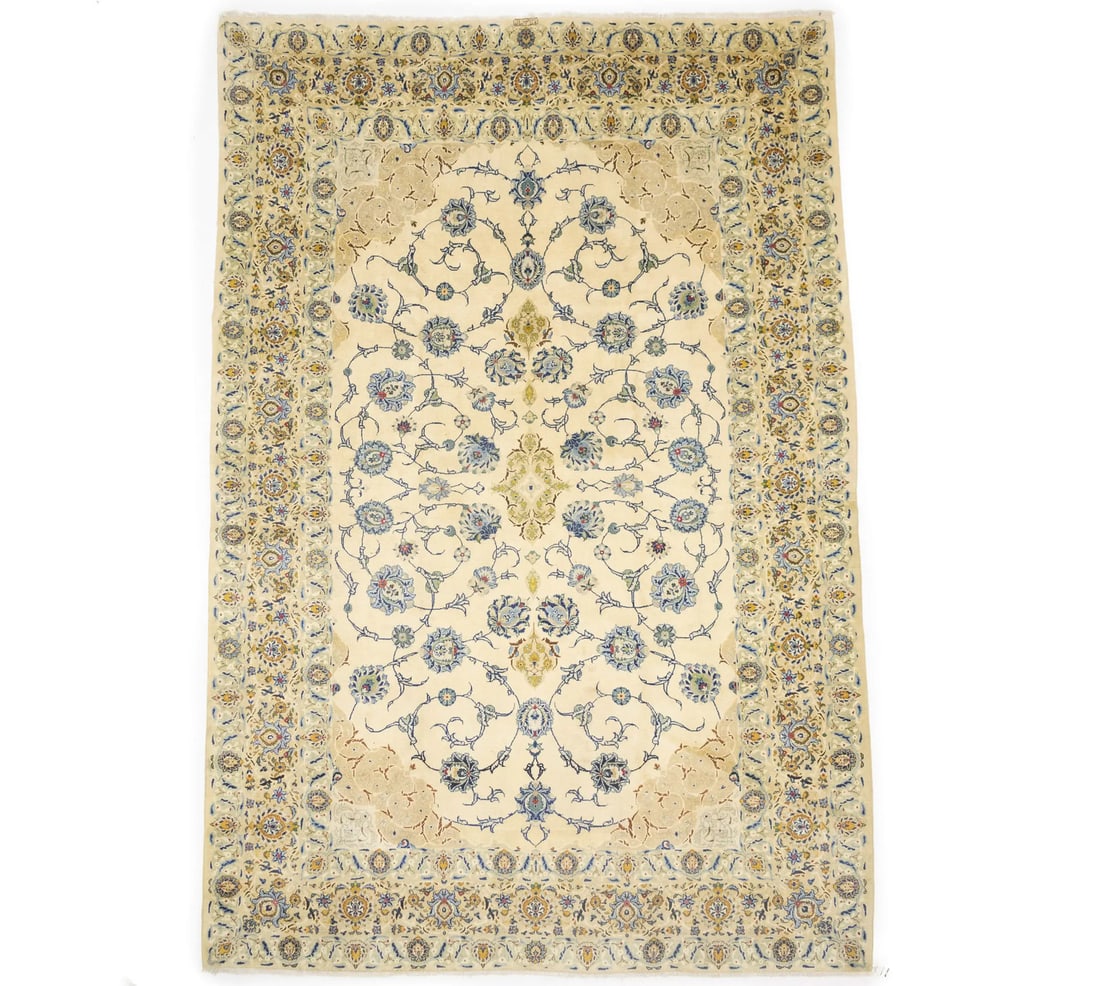 Hand-Knotted Wool Oriental Area Rug Signed Vintage 8'2 x 12'2: Hand-Knotted Wool Oriental Area Rug Signed Vintage 8'2 x 12'2 This semi-antique handmade wool rug features a classic Oriental design with a floral pattern in cream, beige, blue, brown, green, and gold