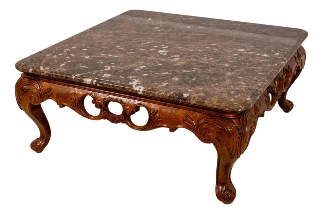 Queen Anne Style Coffee Table with Marble Surface and Ornate Carved Base (1 of 10)