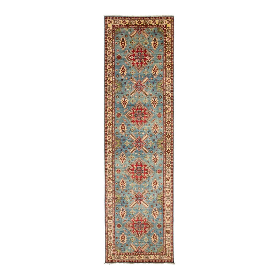 Handmade Modern Kazak Wool Rug Blue Geometric Design 5' x 17'5': Handmade Modern Kazak Wool Rug Blue Geometric Design 5' x 17'5' Discover the elegance of this Modern Kazak Handmade Gallery Wool Rug, meticulously crafted with traditional hand-weaving techniques. The