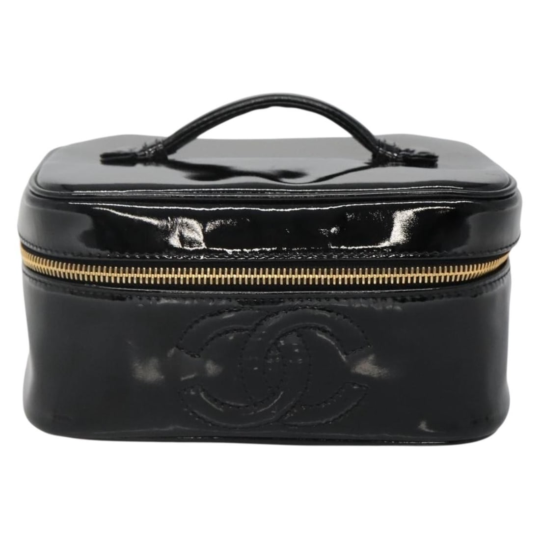 Black Patent Leather Vanity Pouch by Chanel 19cm x 10cm x 14cm: Black Patent Leather Vanity Pouch by Chanel 19cm x 10cm x 14cm This Chanel Vanity Pouch is crafted from black patent leather and designed for female use. It features a compact size suitable for essent