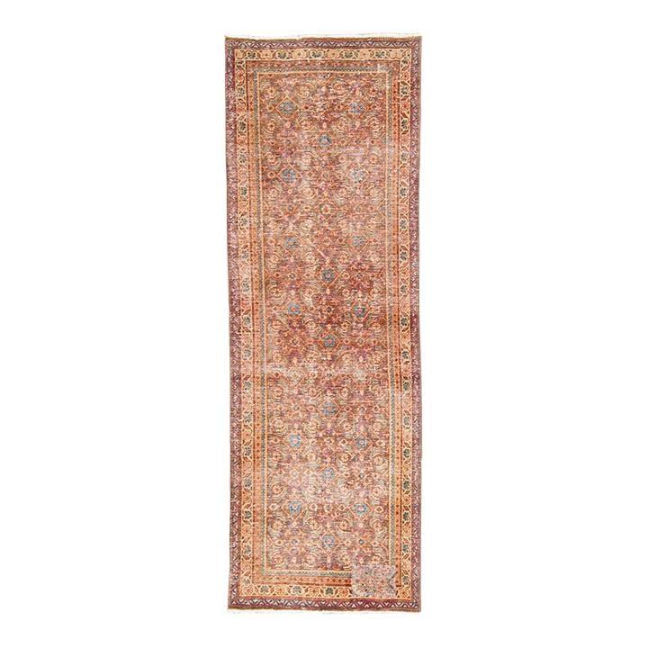 1960s Vintage Handmade Peach Wool Runner with Floral Design 3'5 x 10'4: 1960s Vintage Handmade Peach Wool Runner with Floral Design 3'5 x 10'4 Discover this stunning vintage hand-knotted wool runner featuring a warm peach field adorned with intricate geometric floral patt