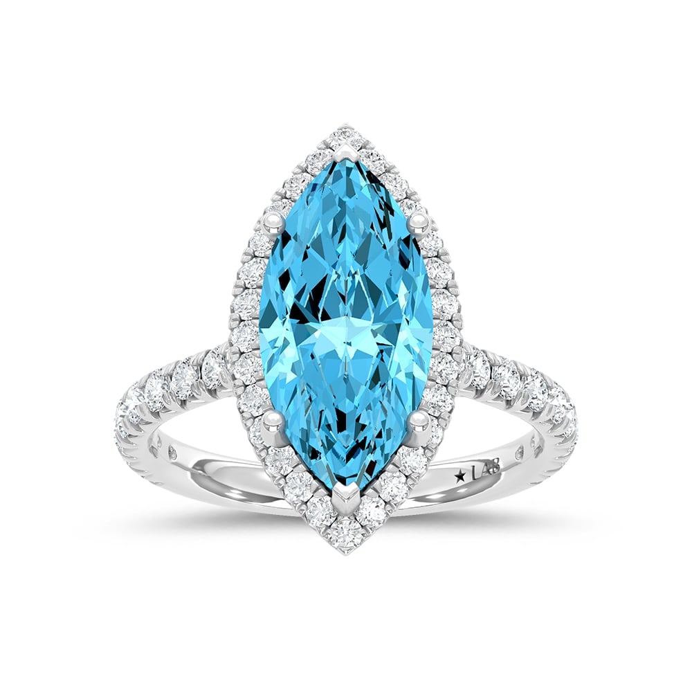 14K White Gold Lab Grown Diamond 3 3/4 Ct.Tw. Blue Marquise Engagement Ring (Center 3ct): 14K White Gold Lab Grown Diamond 3 3/4 Ct.Tw. Blue Marquise Engagement Ring (Center 3ct) Make a statement of elegance with this 14K White Gold Engagement Ring, featuring a stunning 3-carat lab-grown b