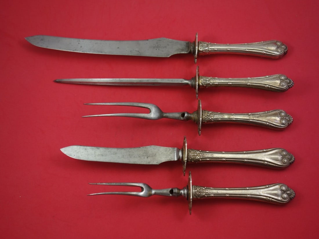 Whiting Empire Sterling Silver 5-Piece Roast Carving Set 16": Whiting Empire Sterling Silver 5-Piece Roast Carving Set 16" This exquisite 5-piece roast carving set, crafted by Whiting, showcases the elegant Empire pattern and is made of sterling silver with holl