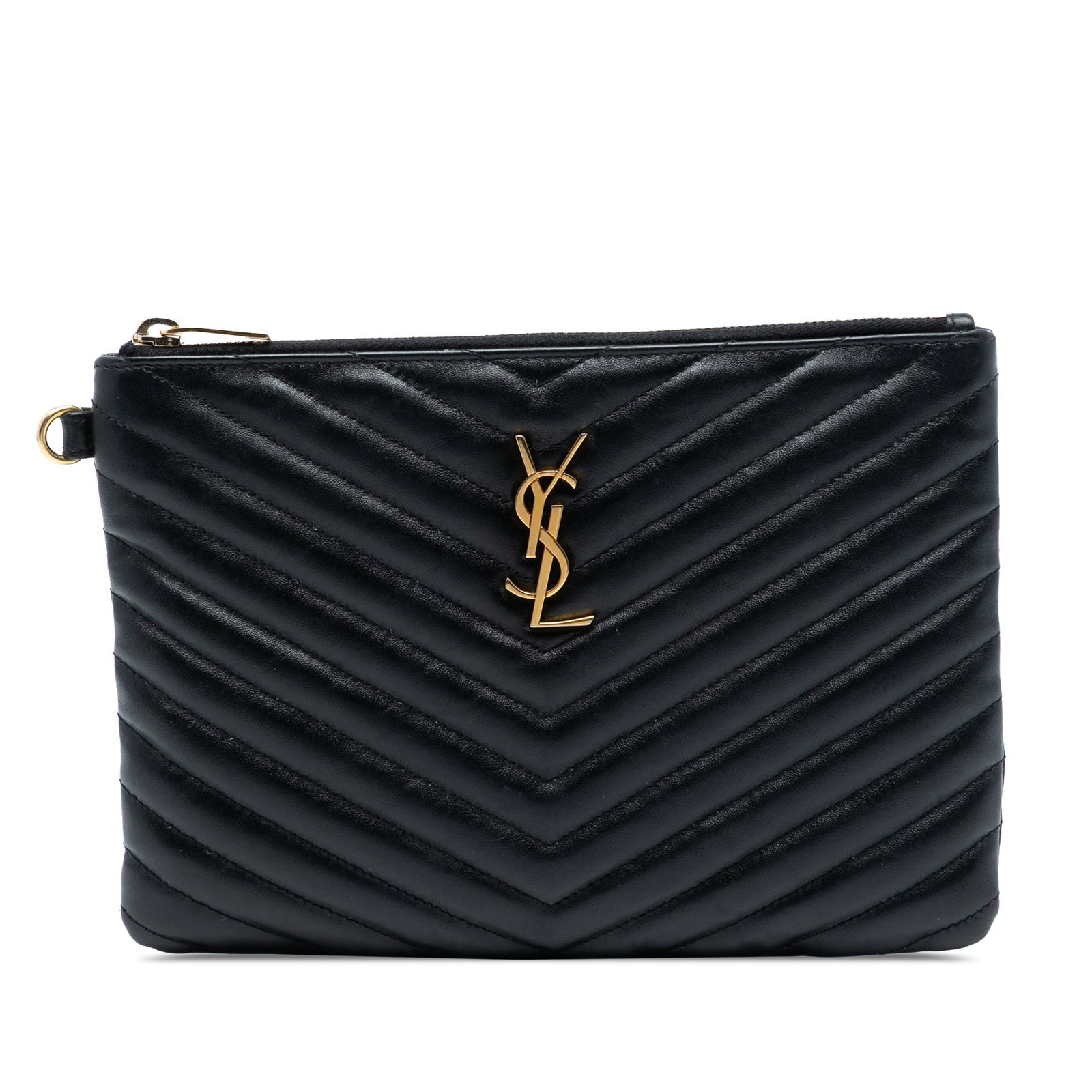Black Leather Quilted Wristlet Clutch by Saint Laurent Chevron Monogram (1 of 7)