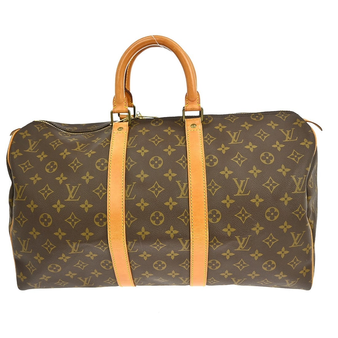 Keepall Monogram Canvas Travel Bag by Louis Vuitton: Keepall Monogram Canvas Travel Bag by Louis Vuitton The Louis Vuitton Keepall Bag features the signature Monogram Canvas design in brown. This unisex travel bag offers ample space and classic Louis Vu