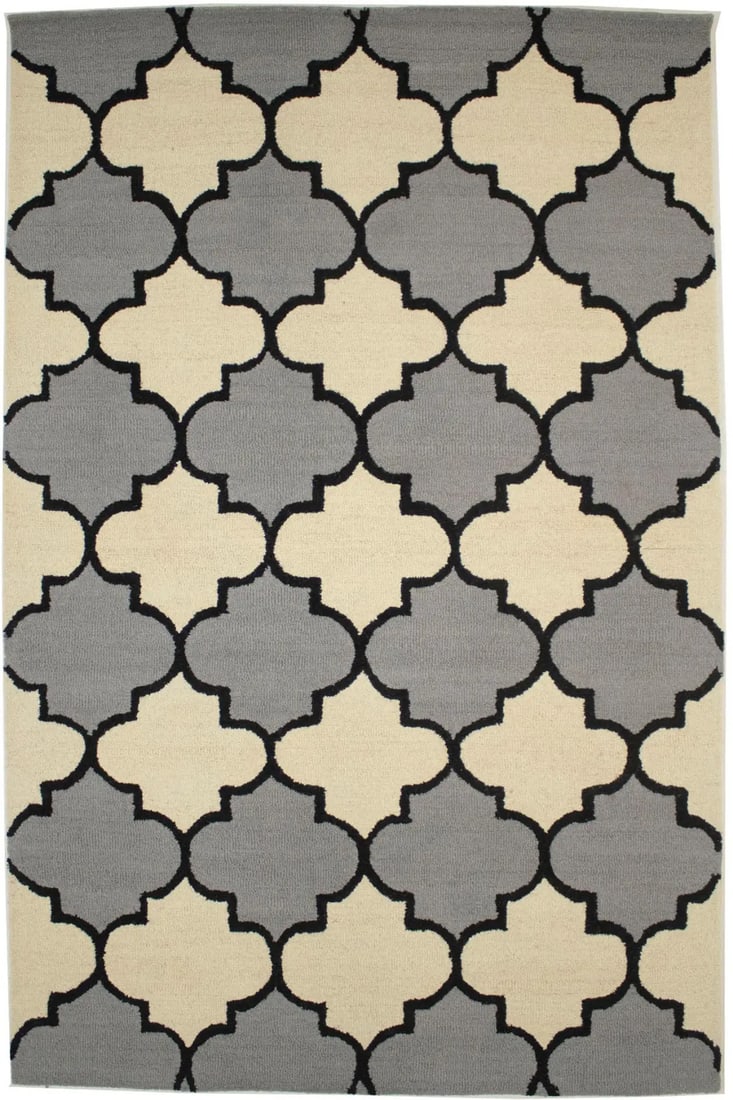 Hand-Tufted Cream Geometric Wool Rug 5'2 x 8' Modern Tribal Design: Hand-Tufted Cream Geometric Wool Rug 5'2 x 8' Modern Tribal Design This handmade area rug features a tribal geometric trellis pattern in cream, gray, black, and other tones. Crafted from hand-tufted w
