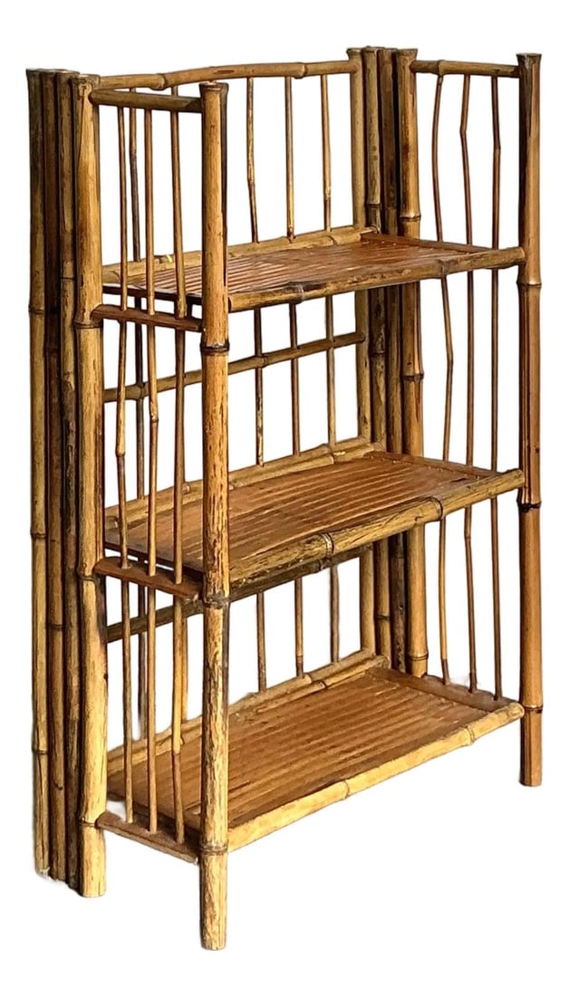 Three-Tier Bamboo and Rattan Folding Shelving Unit Boho Style (1 of 9)
