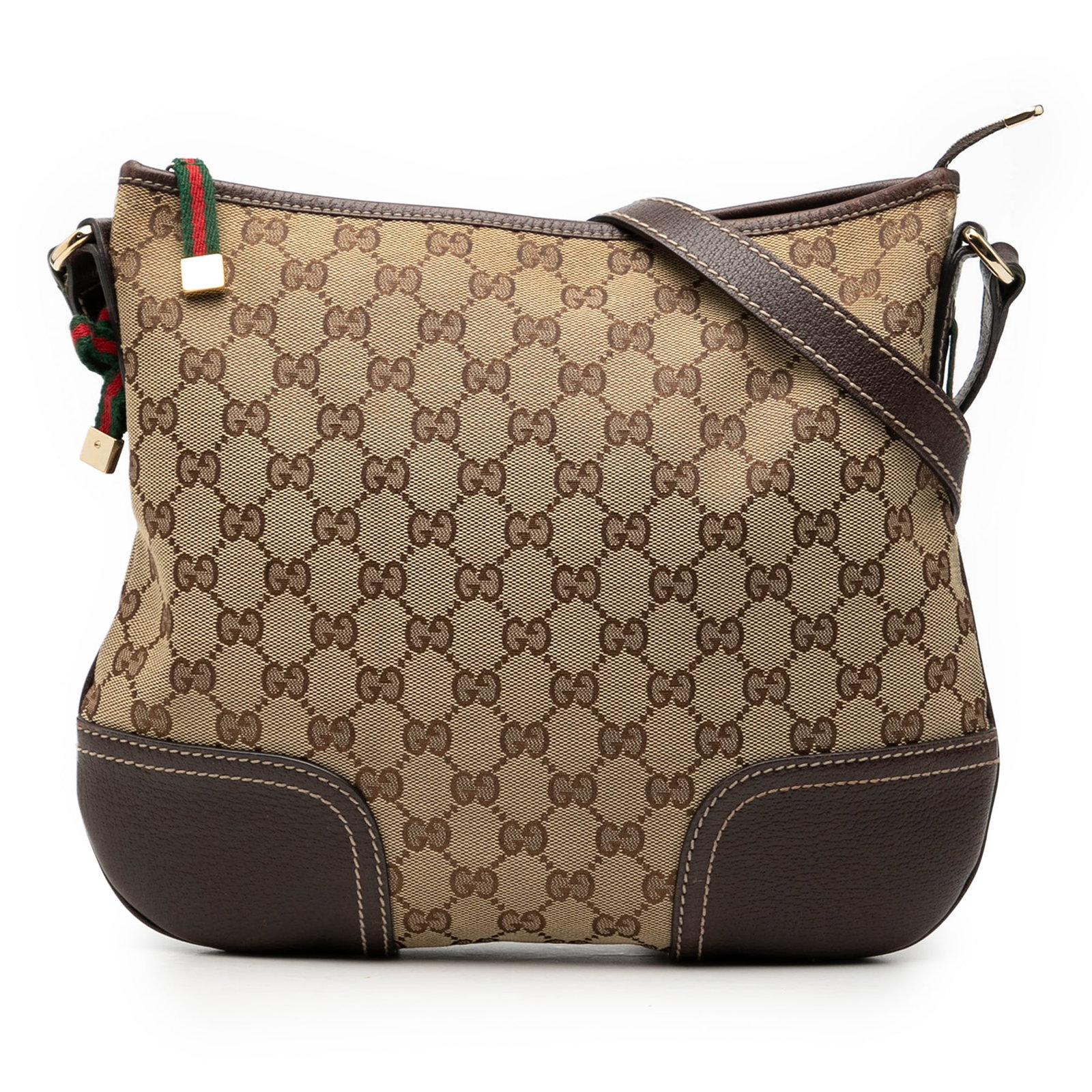 Beige GG Canvas Princy Crossbody Bag with Web Detail by Gucci: Beige GG Canvas Princy Crossbody Bag with Web Detail by Gucci This Gucci GG Canvas Web Princy Crossbody features a beige canvas body accented with leather trim, an adjustable flat leather strap, a top