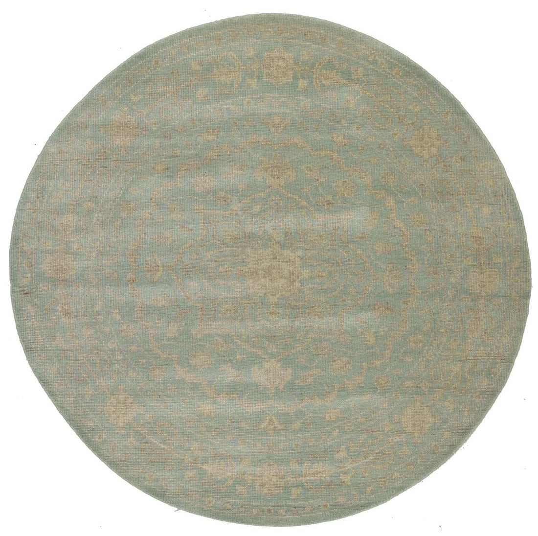 Handmade 6ft Round Aqua Blue Floral Wool Rug Modern Decor: Handmade 6ft Round Aqua Blue Floral Wool Rug Modern Decor Enhance your living space with this exquisite 6x6 ft handmade round rug featuring a beautiful floral pattern in muted aqua blue, cream, and be