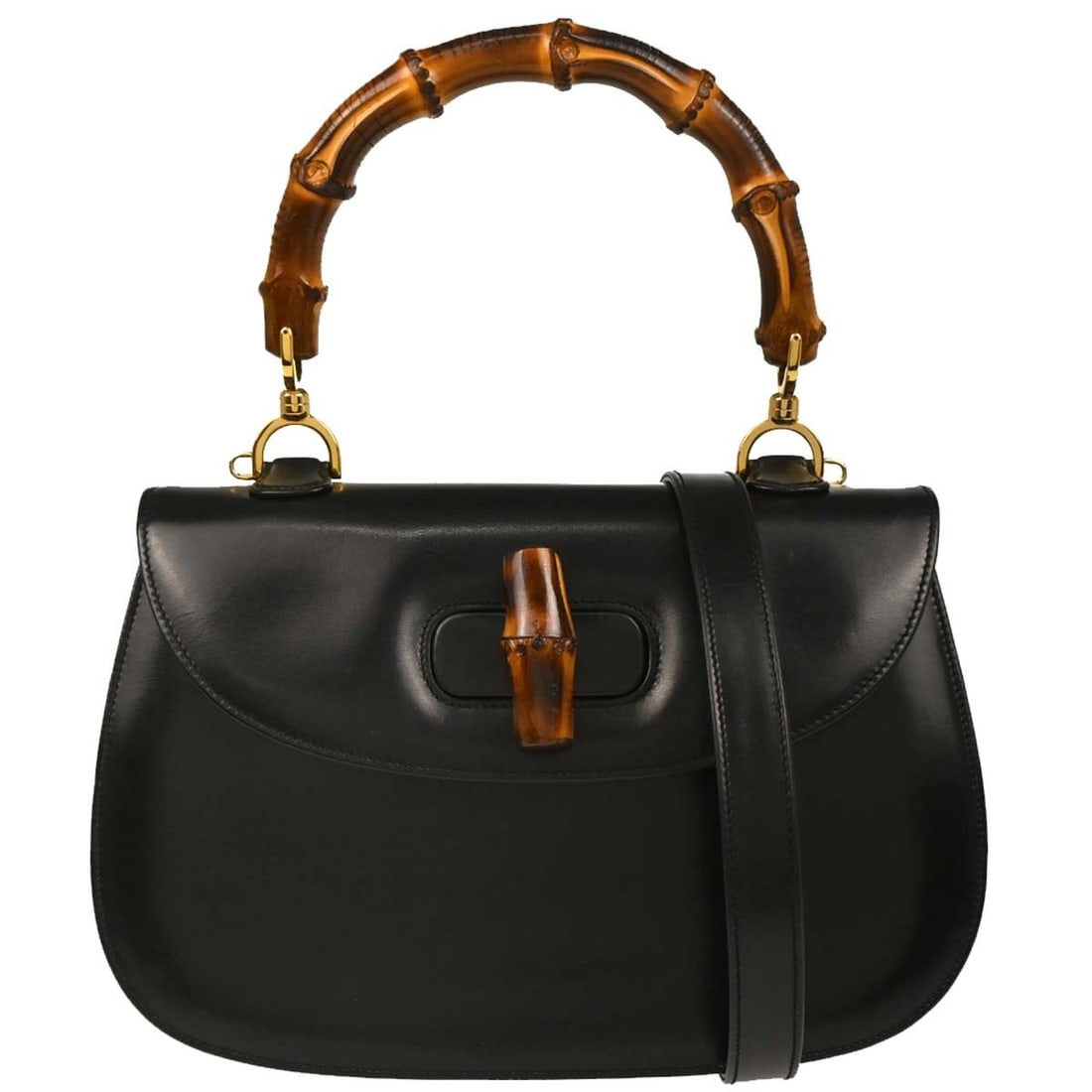 Gucci Black Bamboo 2way Leather Handbag with Brown Handle: Gucci Black Bamboo 2way Leather Handbag with Brown Handle This elegant Gucci Black Bamboo 2-way Handbag is crafted from high-quality leather, featuring a stylish brown handle and bamboo accents. It is