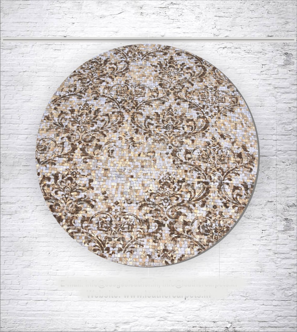 Round Damask Mosaic Genuine Leather Patchwork Carpet Luxurious Handcrafted Rug (1 of 1)