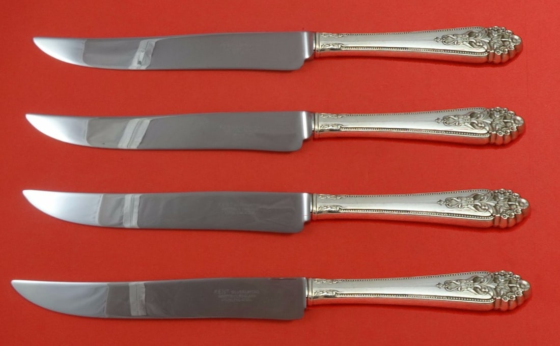 International Queens Lace Sterling Silver Handle Texas Sized 4 Piece Steak Knife Set (1 of 1)