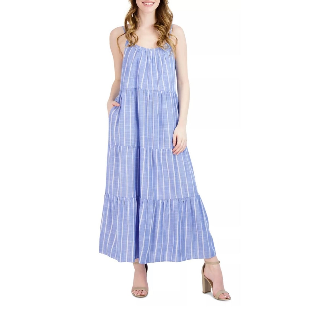 Robbie Bee Blue White Striped Petite Maxi Dress with Pockets: Robbie Bee Blue White Striped Petite Maxi Dress with Pockets Embrace effortless boho elegance with this petite tiered maxi dress featuring a chic blue and white striped pattern. Designed for casual oc