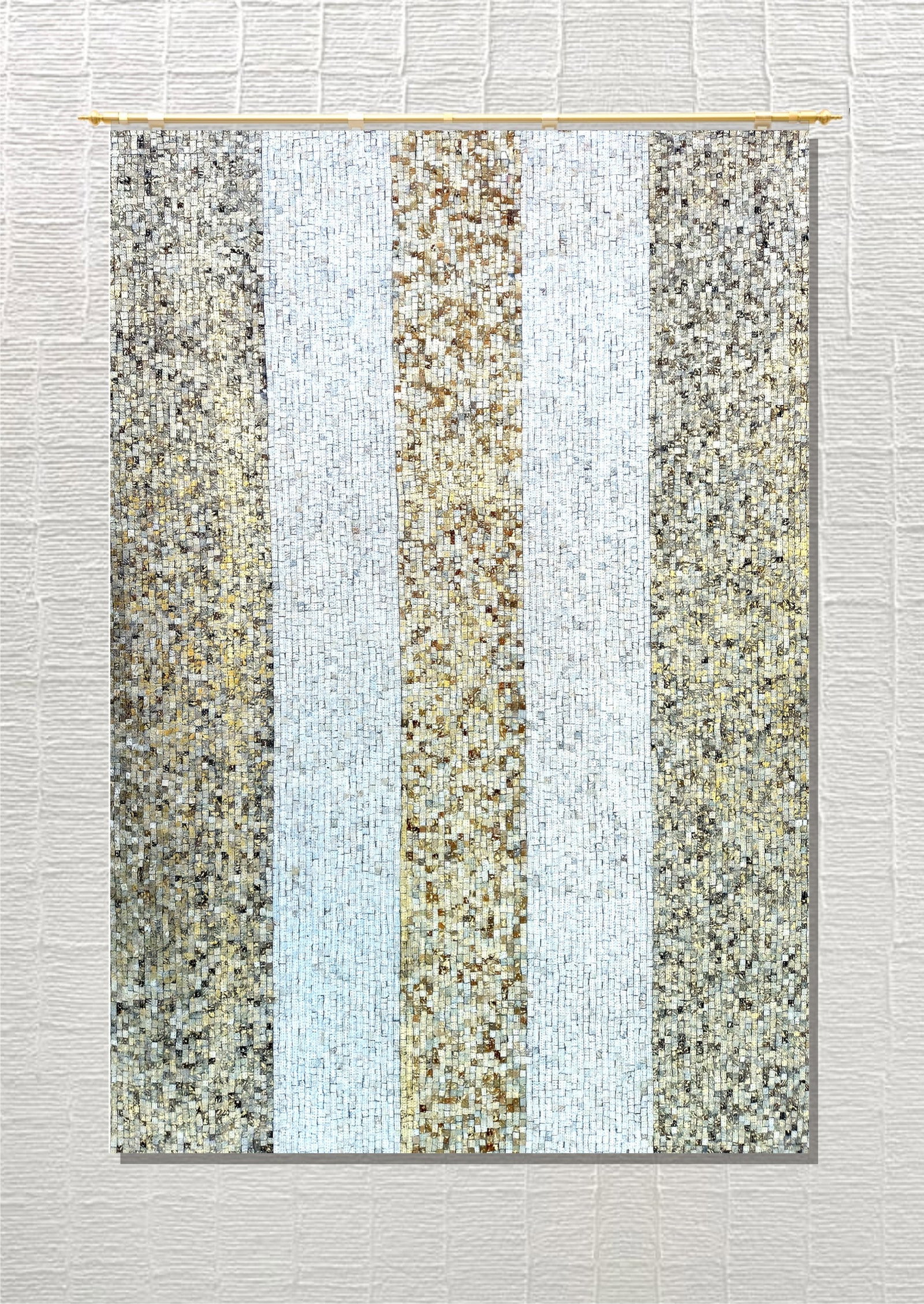 Handmade Champagne Silver Stripe Mosaic Cowhide Leather Area Rug 3FT x 5FT: Handmade Champagne Silver Stripe Mosaic Cowhide Leather Area Rug 3FT x 5FT Free continental US Shipping This handmade area rug is crafted from 100% genuine hair-on cowhide leather and features a strik