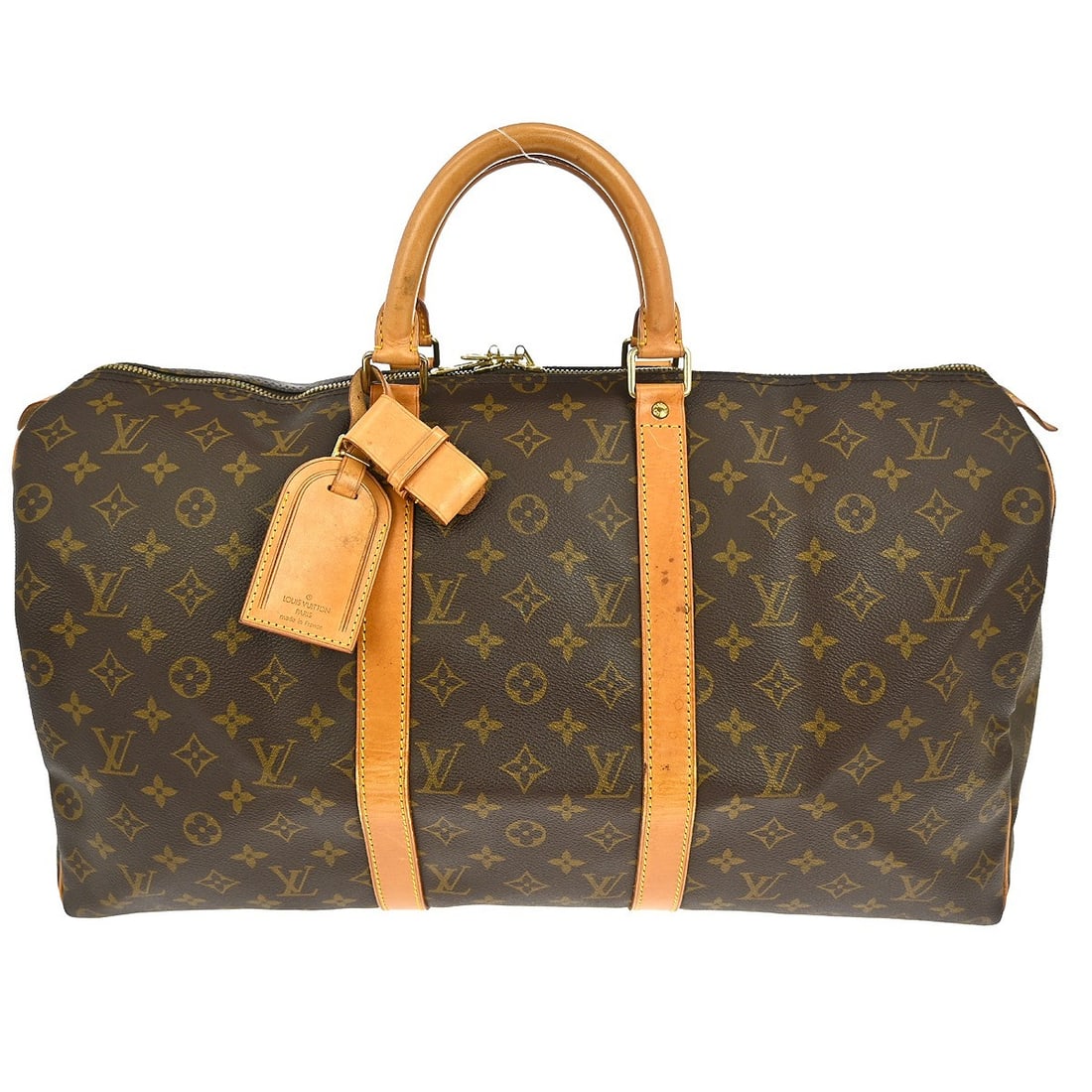 Keepall 50 Travel Handbag Brown Monogram Canvas by Louis Vuitton: Keepall 50 Travel Handbag Brown Monogram Canvas by Louis Vuitton This pre-owned Louis Vuitton Keepall 50 travel bag features the iconic monogram canvas in brown. Designed for unisex use, it offers amp