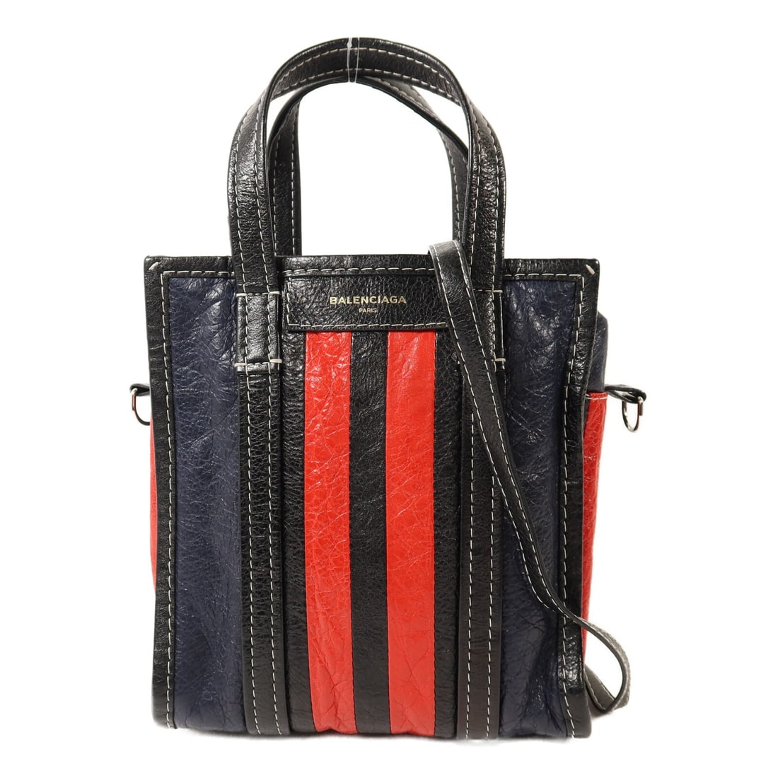 Balenciaga Bazar Calfskin Shoulder Bag Black Red Navy Silver Hardware: Balenciaga Bazar Calfskin Shoulder Bag Black Red Navy Silver Hardware This Balenciaga Bazar Bag is a versatile 2-way shoulder bag crafted from calfskin leather in a striking combination of black, red,