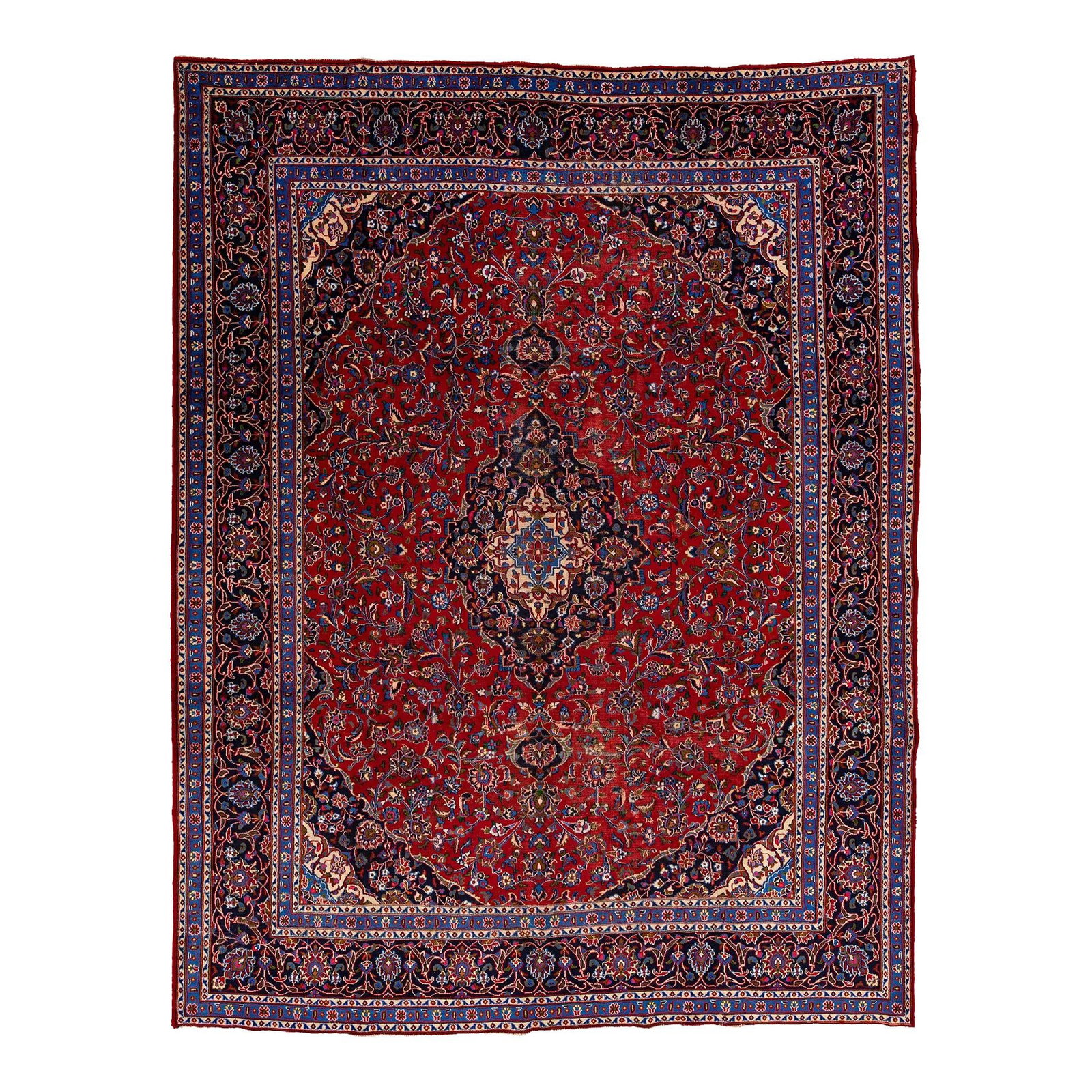 Vintage Persian Kashan Wool Rug Red Floral Medallion 9'6 x 13'1: Vintage Persian Kashan Wool Rug Red Floral Medallion 9'6 x 13'1 Enhance your space with this stunning vintage Persian Kashan hand-knotted wool rug, featuring a vibrant red field adorned with a multi-c
