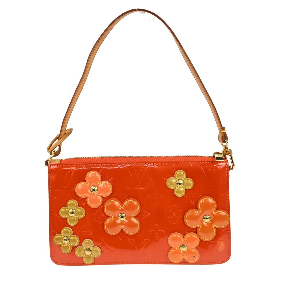 Louis Vuitton Vernis Flower Lexington Small Orange Shoulder Bag M92247: Louis Vuitton Vernis Flower Lexington Small Orange Shoulder Bag M92247 This Louis Vuitton Vernis Flower Lexington handbag features a rectangular silhouette crafted from monogram patent leather in oran