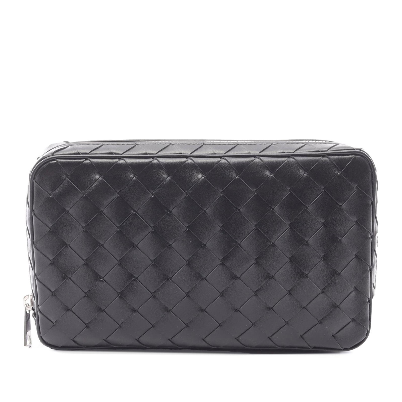 Black Leather Clutch Bag by Bottega Veneta Intrecciato Medium: Black Leather Clutch Bag by Bottega Veneta Intrecciato Medium This Bottega Veneta Medium Leather Intrecciato Organizer clutch bag features a signature woven leather body and a top zip closure. Finishe