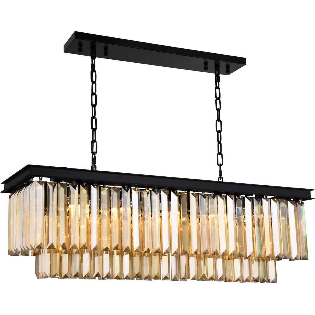 Sydney 40 Inch Matte Black Chandelier With Golden Teak Crystal and 12 Lights: Sydney 40 Inch Matte Black Chandelier With Golden Teak Crystal and 12 Lights This modern chandelier features a matte black frame paired with golden teak (smoky) royal cut crystal accents, creating an