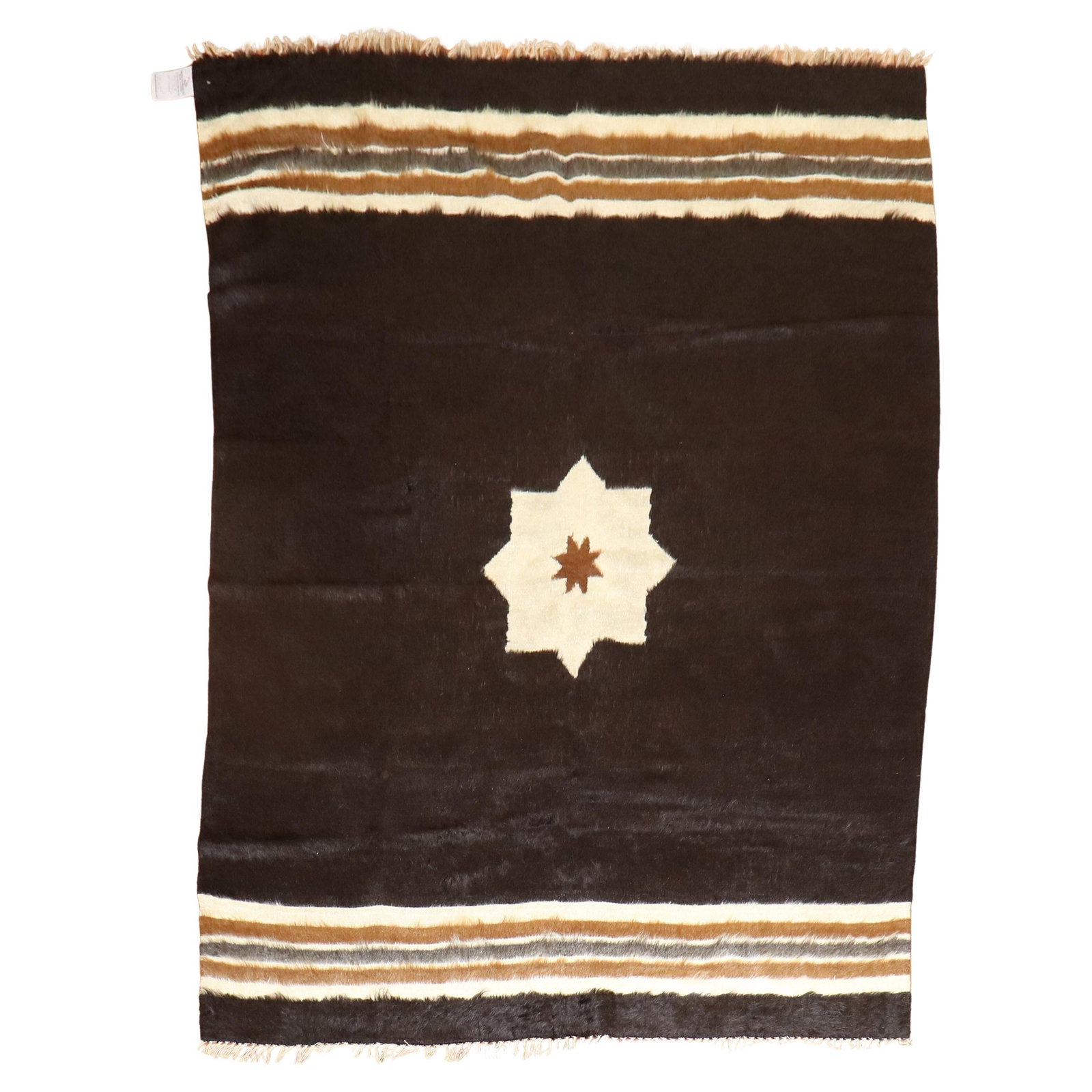 Zabihi Collection Mid-Century Modern Mohair Turkish Rug 60x77: Zabihi Collection Mid-Century Modern Mohair Turkish Rug 60x77 Experience the elegance of this mid-century modern mohair Turkish rug, featuring a sophisticated blend of black, white, and brown hues. Th