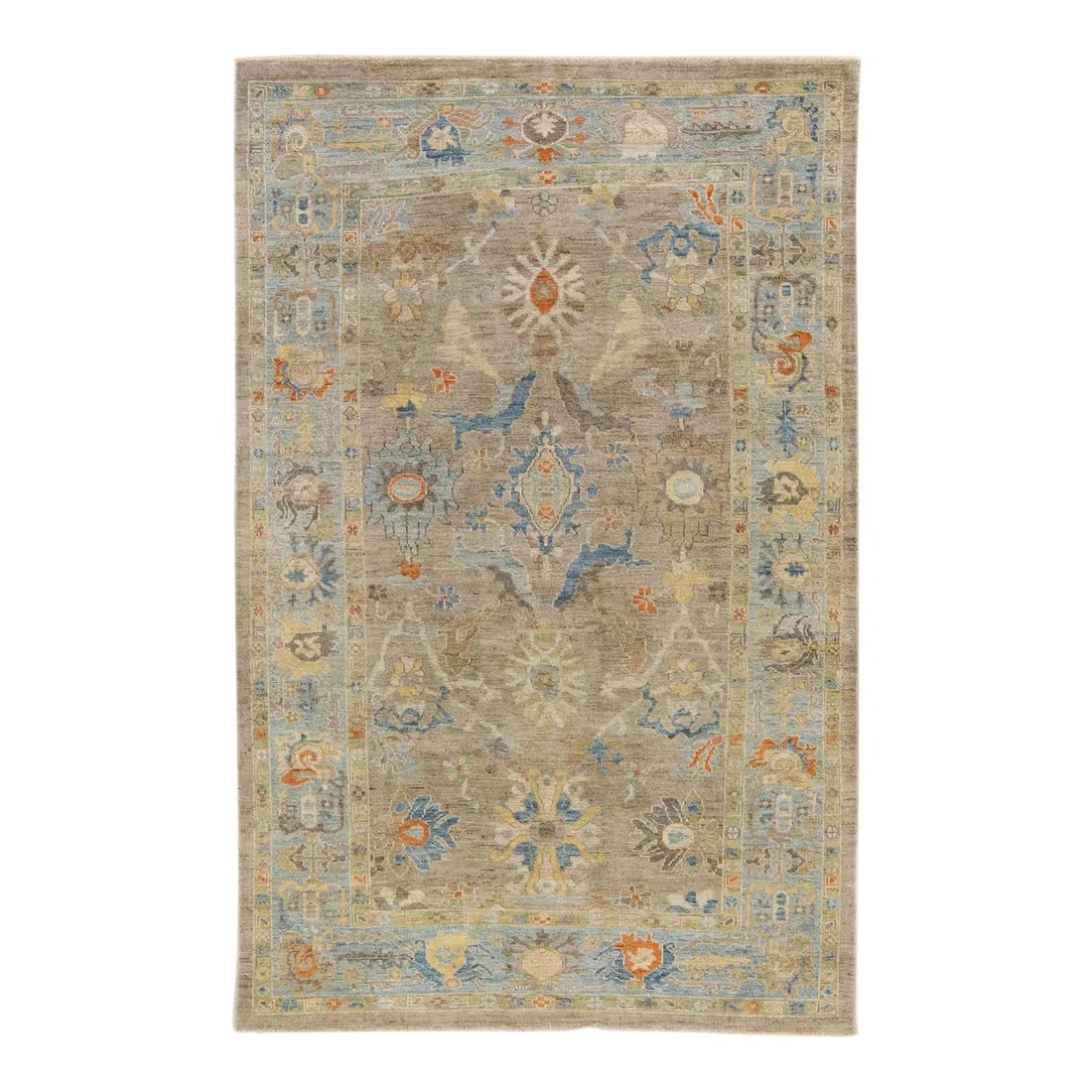 6'3 x 10' Wool Sultanabad Rug with Modern Floral Motif: 6'3 x 10' Wool Sultanabad Rug with Modern Floral Motif This hand-knotted Sultanabad rug features a central medallion with intricate floral and geometric motifs. Its muted tones of beige, blue, orange,