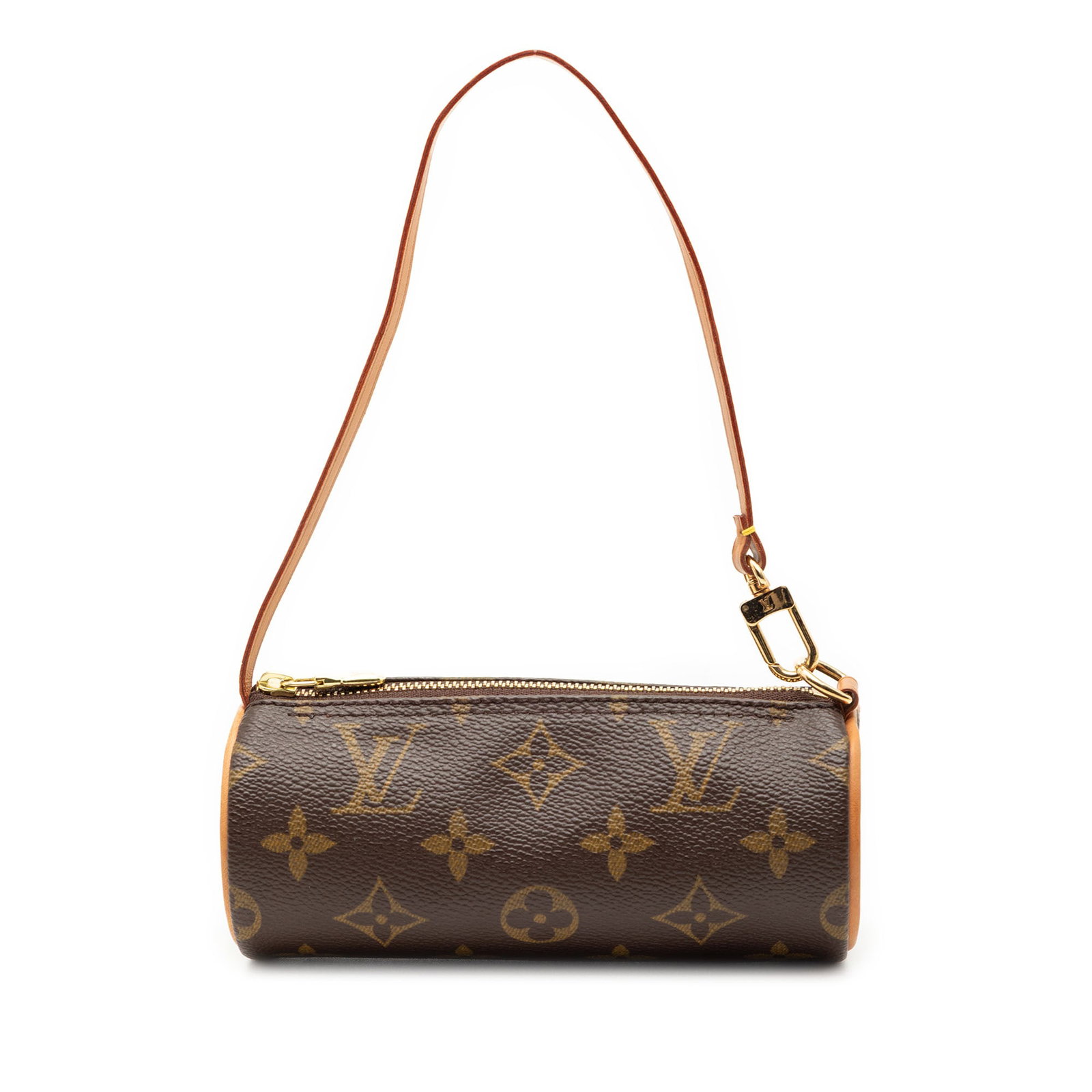 Louis Vuitton Papillon Pochette Monogram Canvas Bag with Leather Trim: Louis Vuitton Papillon Pochette Monogram Canvas Bag with Leather Trim This Louis Vuitton Monogram Papillon Pochette features a monogram canvas body with vachetta leather trim, a flat vachetta leather