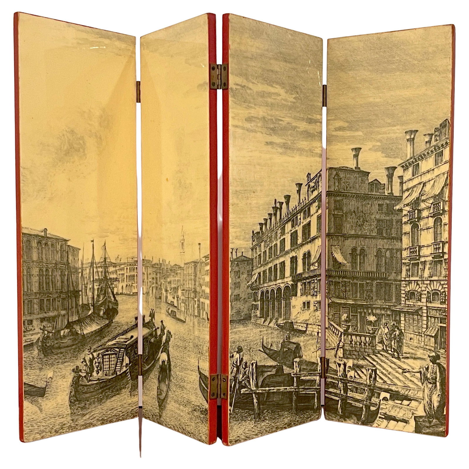 Mid Century Italian Four-Panel Lacquered Table Screen Venice Canaletto Style (1 of 13)