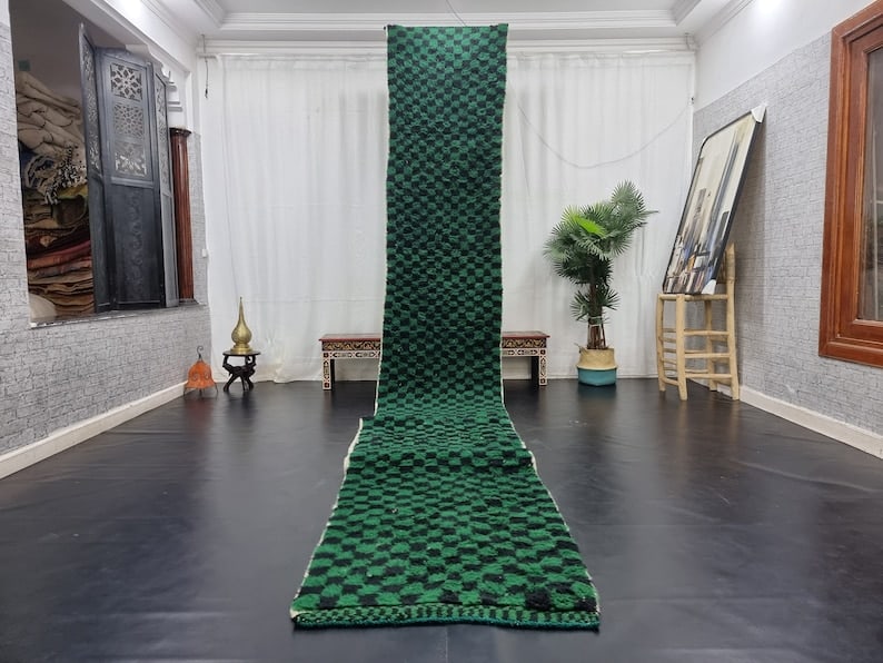 Authentic Green Berber Runner Rug 16.40 x 2 Feet Morocco: Authentic Green Berber Runner Rug 16.40 x 2 Feet Morocco Enhance your home decor with this Long Authentic Green Runner Rug, expertly handwoven in the Atlas Mountains by skilled Berber women weavers. T