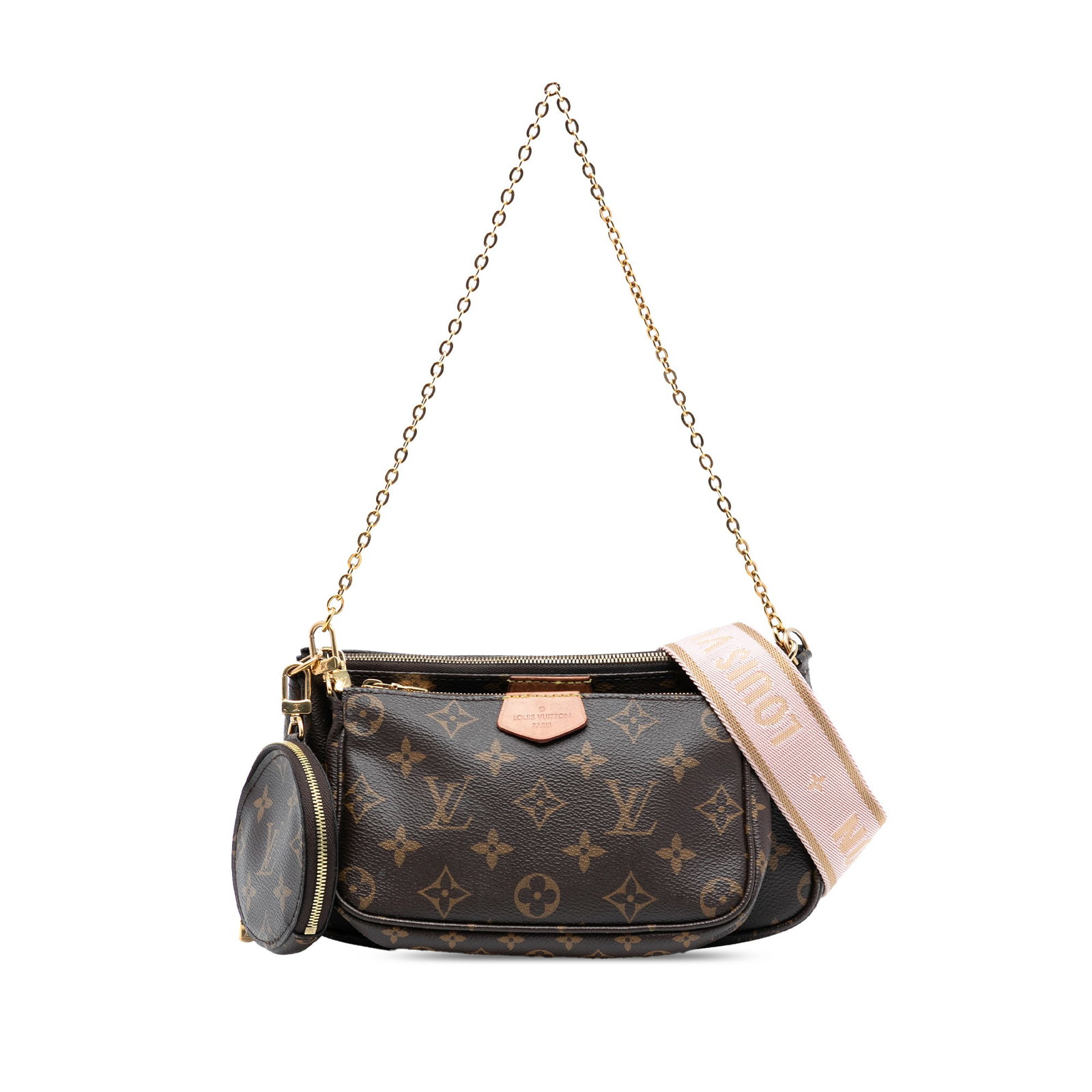 Louis Vuitton Multi Pochette Monogram Canvas Shoulder Bag with Removable Pouches: Louis Vuitton Multi Pochette Monogram Canvas Shoulder Bag with Removable Pouches This Louis Vuitton Monogram Multi Pochette Accessoires features a monogram canvas body with a detachable chain link str