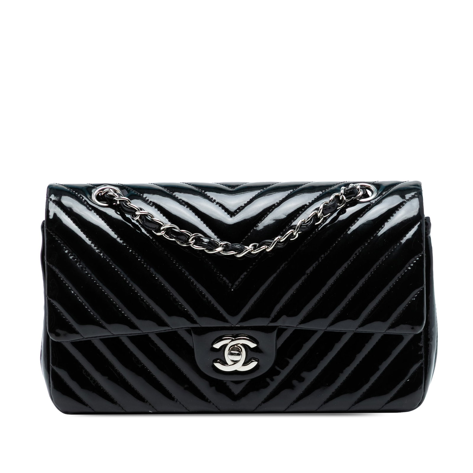 Chanel Medium Classic Chevron Blue Patent Double Flap Bag: Chanel Medium Classic Chevron Blue Patent Double Flap Bag This Chanel Medium Classic Chevron Patent Double Flap shoulder bag is a stylish addition to any collection. Crafted from quilted patent leathe