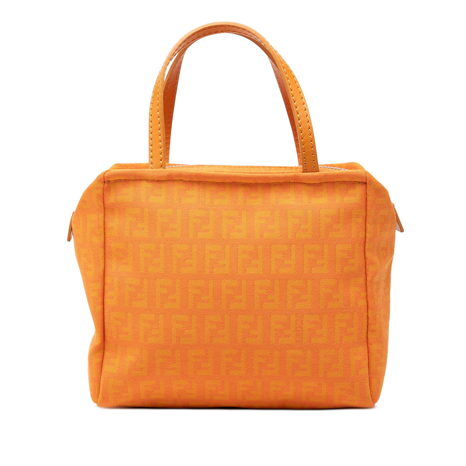 Orange Fendi Zucchino Canvas Bag with Leather Handles: Orange Fendi Zucchino Canvas Bag with Leather Handles This Fendi Zucchino Canvas Handbag features a canvas body with flat leather handles, a top zip closure, and an interior slip pocket. The exterior