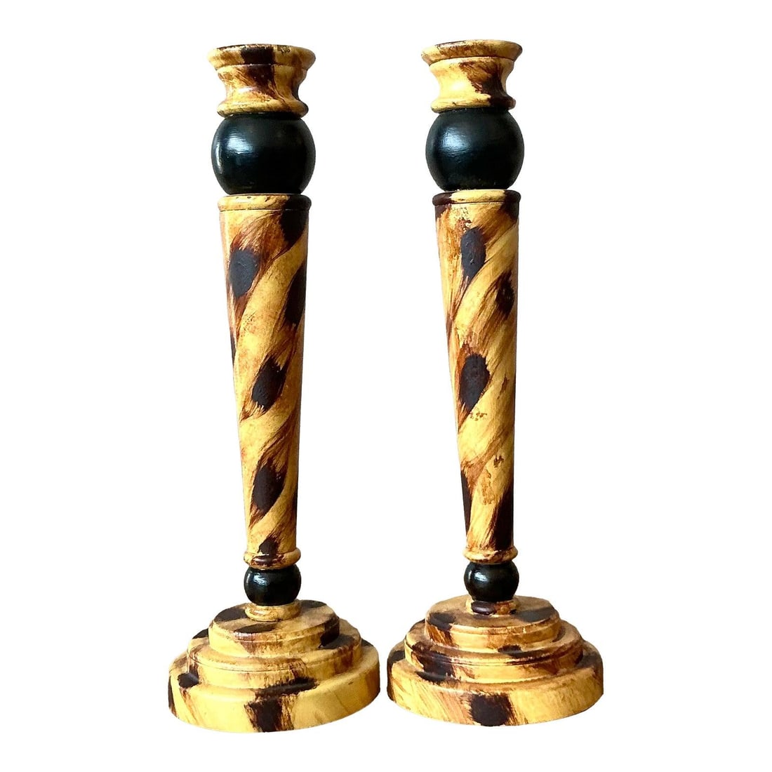 Pair of Hand Painted Tortoise Pattern Wood Candle Holders Boho Style Set of 2 (1 of 6)