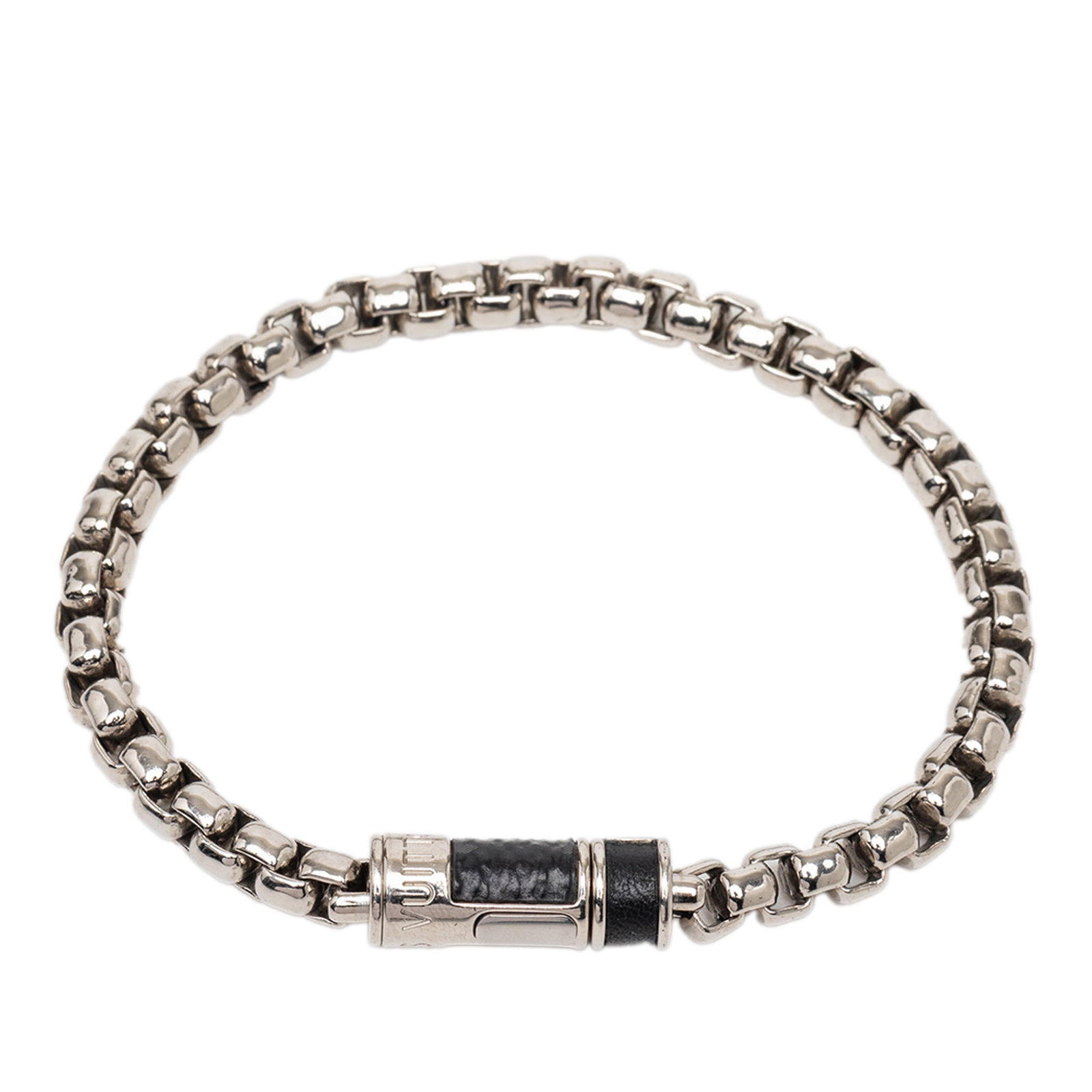 Louis Vuitton Monogram Eclipse Silver Plated Chain Bracelet: Louis Vuitton Monogram Eclipse Silver Plated Chain Bracelet This Louis Vuitton bracelet features a silver-plated brass construction with a distinctive monogram eclipse detail and a secure clasp closur